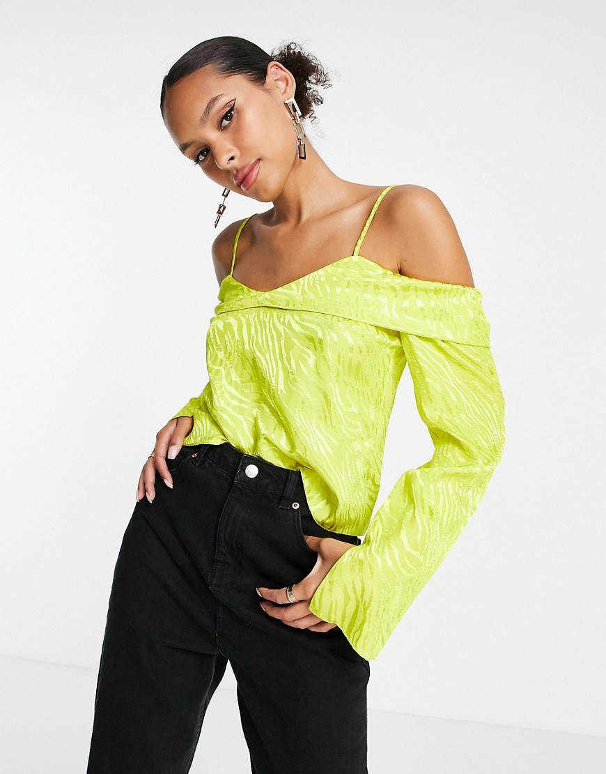 ASOS DESIGN cold shoulder blouse in lime tiger jacquard-Green