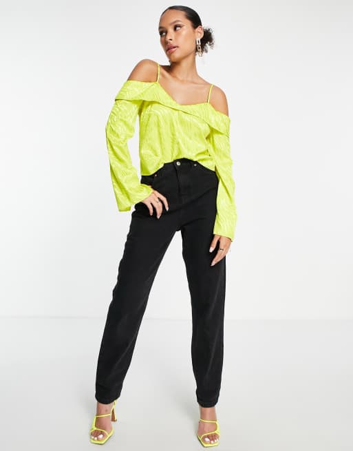 ASOS DESIGN cold shoulder blouse in lime tiger jacquard