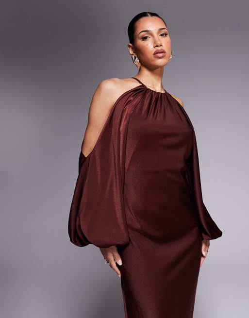 ASOS DESIGN cold shoulder blouson maxi dress in rust, 3 of 4