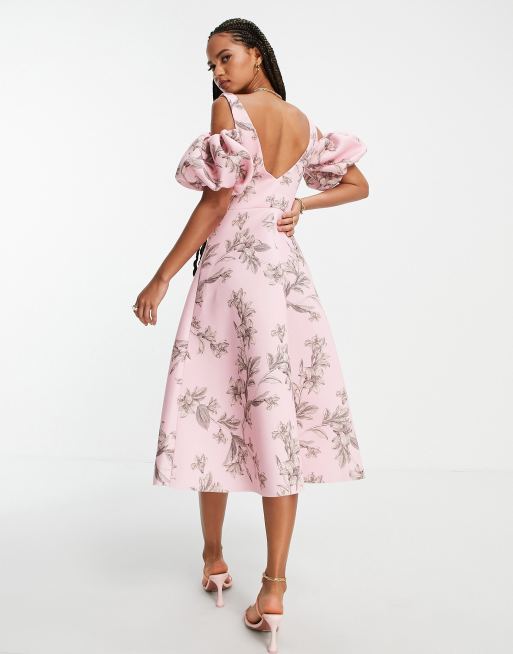 ASOS DESIGN cold shoulder corsetted formal midi dress in floral print