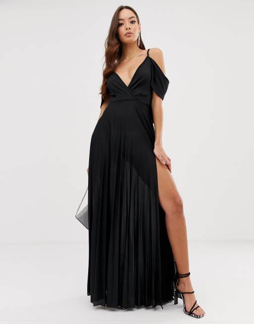 Cold shoulder cowl 2025 back pleated maxi dress