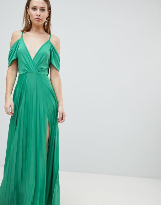 Cold shoulder cowl back pleated maxi dress sale