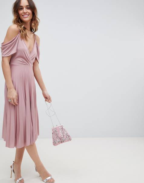 ASOS DESIGN cold shoulder cowl back pleated midi dress