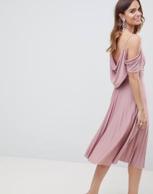 asos design cold shoulder cowl back pleated midi dress