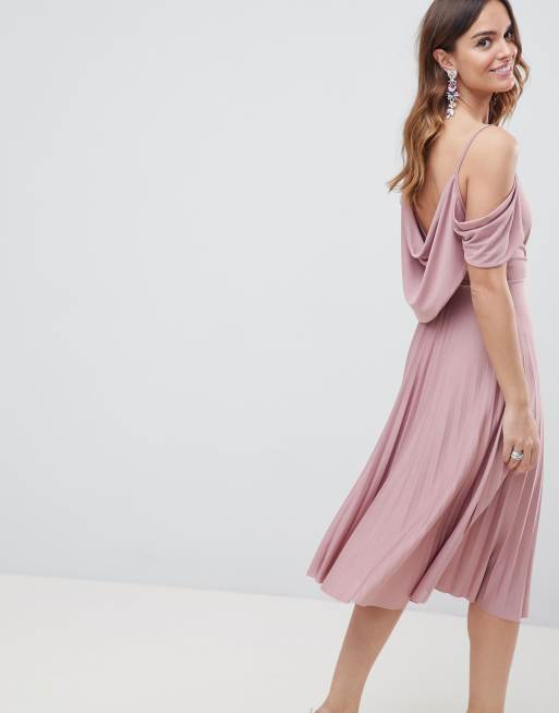 Asos design cold shoulder sale cowl back pleated midi dress