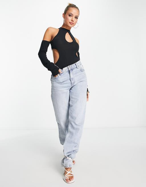 ASOS DESIGN bodysuit with one shoulder and long sleeve in rib in black