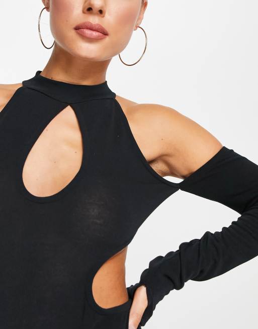 ASOS DESIGN muscle bodysuit in black faux leather with cut outs