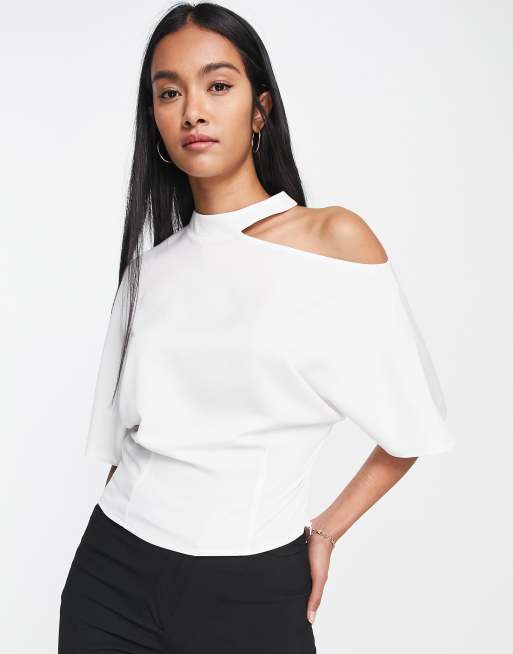 ASOS DESIGN cold shoulder cut out slim tee in ivory