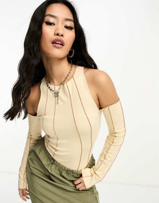 ASOS DESIGN cold shoulder exposed seam bodysuit in stone