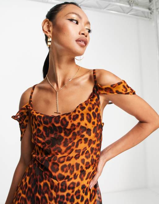 Leopard print cold store shoulder jumpsuit