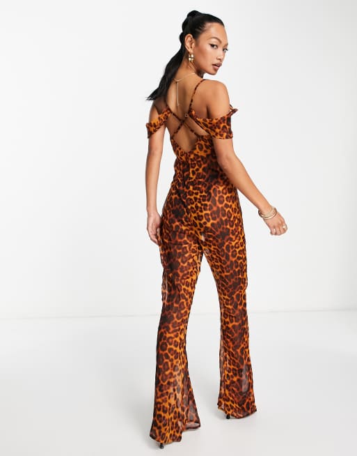 Leopard print cold shoulder hot sale jumpsuit