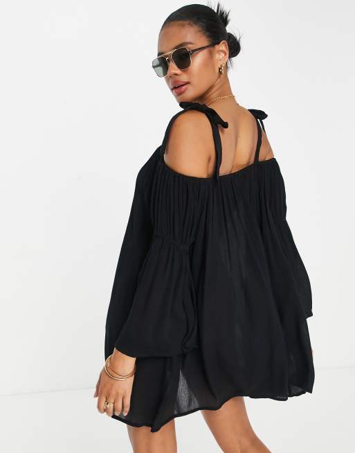 ASOS DESIGN cold shoulder floaty beach mini dress in black ASOS