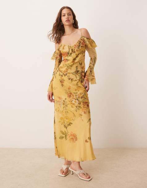 ASOS DESIGN cold shoulder frill long sleeve maxi dress in vintage floral - view 1