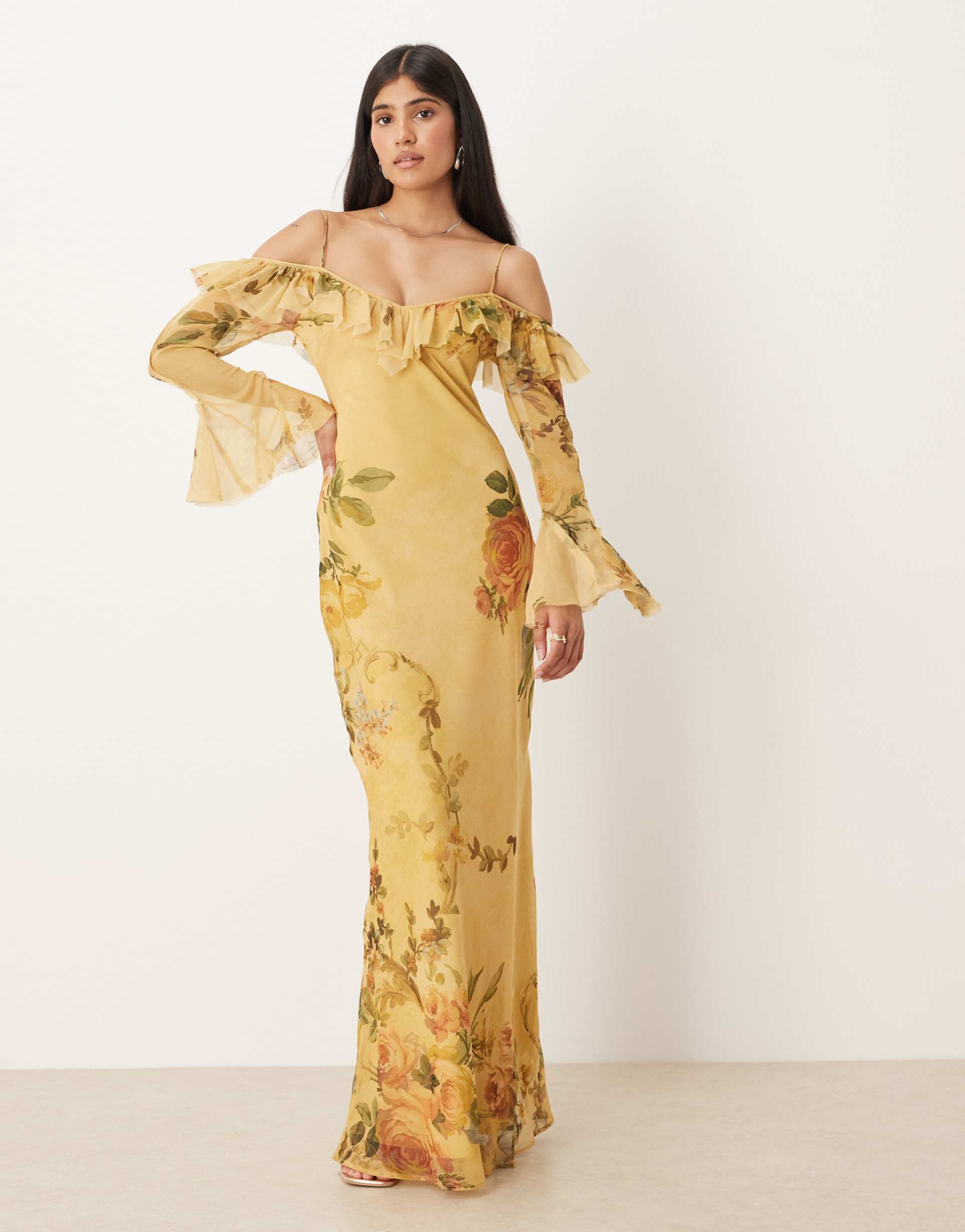 asos design cold shoulder frill long sleeve maxi dress in vintage floral