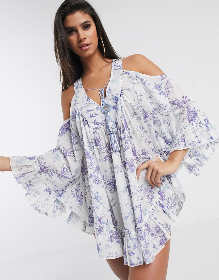 ASOS DESIGN cold shoulder lilac print beach dress with mirror detail-Multi