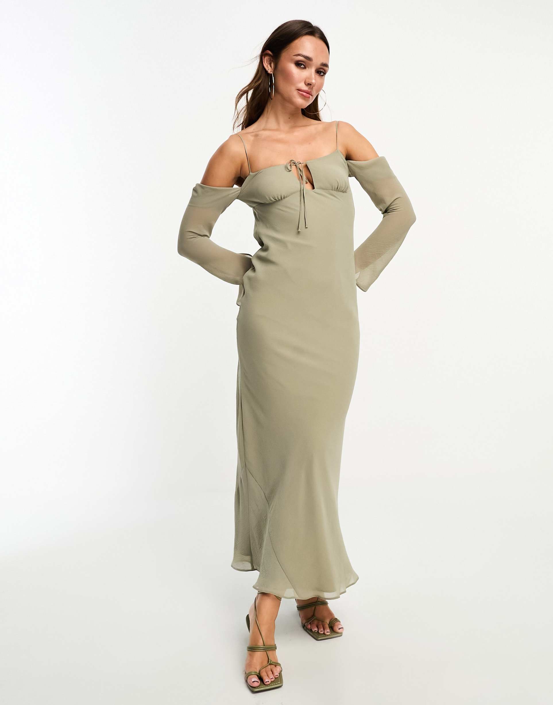 asos design cold shoulder long sleeve tie front bias maxi dress in khaki