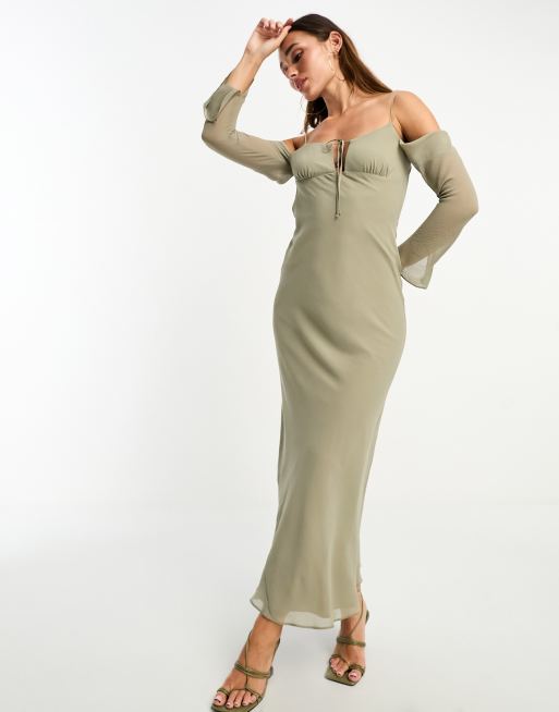 Khaki Sheer Lace Cut Out Long Sleeve Maxi Dress