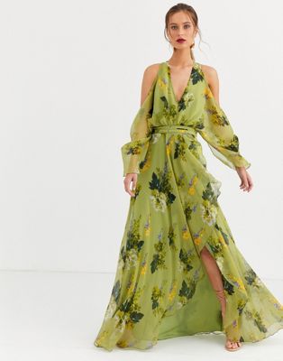 ASOS DESIGN cold shoulder maxi dress in green floral print-Multi