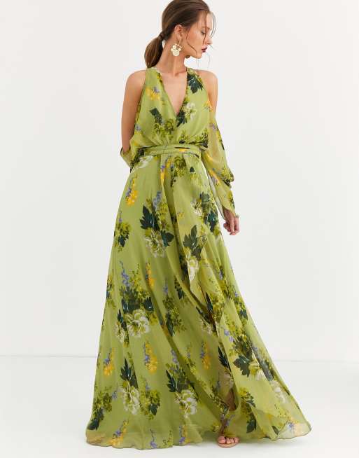 ASOS DESIGN cold shoulder maxi dress in green floral print, 2 of 4