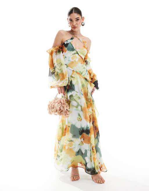 ASOS DESIGN - Cold shoulder-maxikjole med krydsstropper i halsen og flæser samt abstrakt blomstermønster