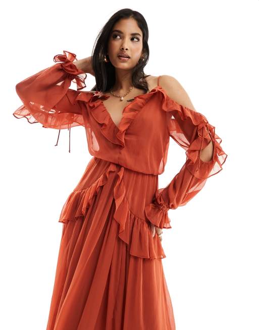 ASOS DESIGN Cold Shoulder Midikleid in Rostrot mit Ruschen
