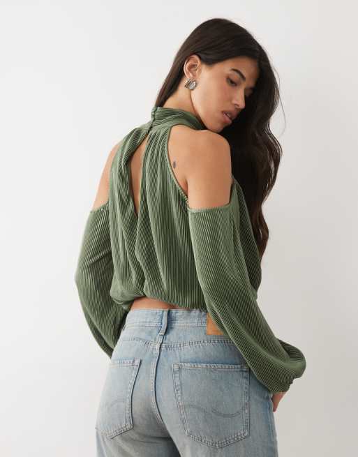 ASOS DESIGN cold shoulder plisse bubble top in khaki, 2 of 4
