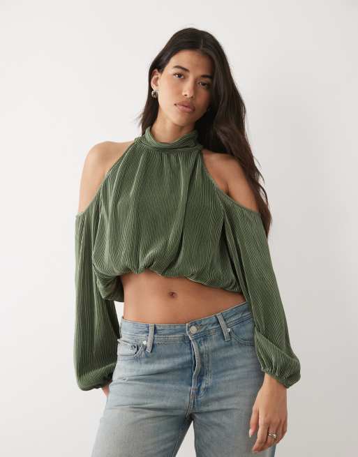 ASOS DESIGN cold shoulder plisse bubble top in khaki, 3 of 4