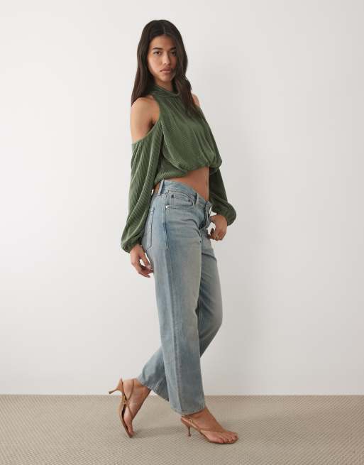 ASOS DESIGN cold shoulder plisse bubble top in khaki, 4 of 4