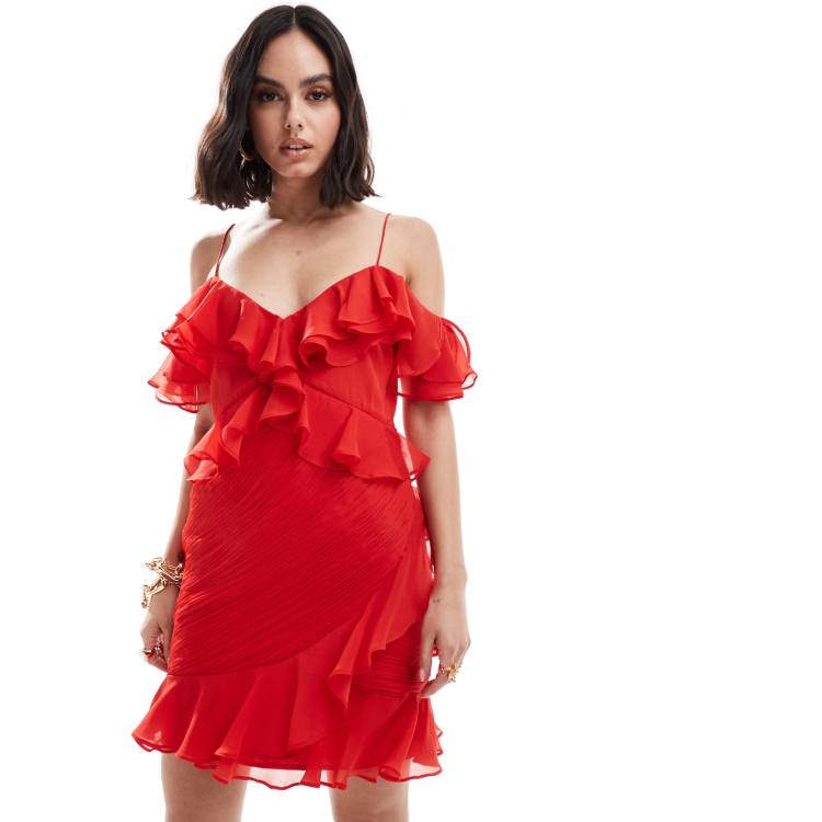 ASOS DESIGN cold shoulder ruffle mini dress in red ASOS
