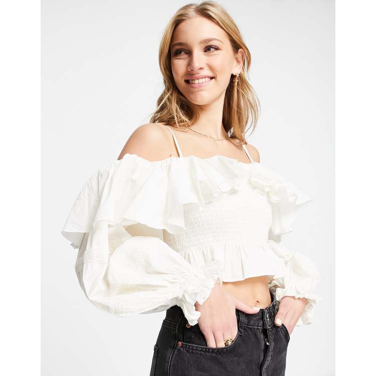 ASOS DESIGN cold shoulder ruffle top with broderie insert in ivory