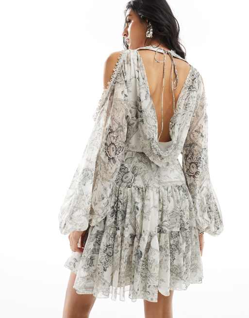 ASOS DESIGN cold shoulder tiered mini dress with lace insert in floral print