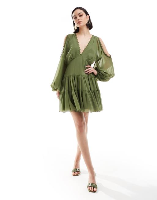 ASOS DESIGN cold shoulder tiered mini dress with lace insert in khaki, 3 of 4