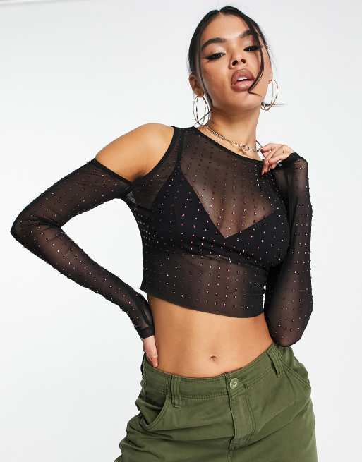 ASOS DESIGN cold shoulder top in black with pink crystal stud hotfix