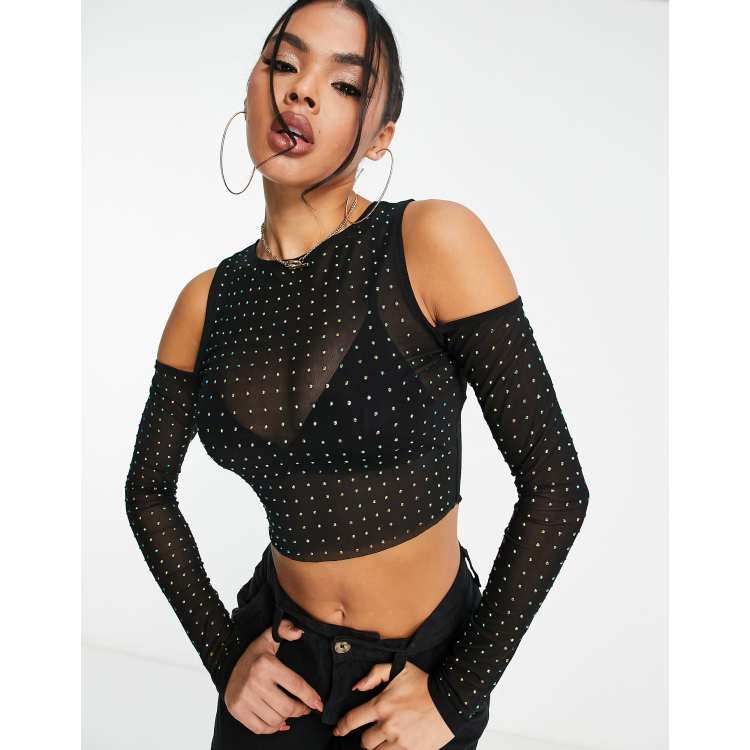 ASOS DESIGN hotfix crystal stud mesh bodysuit in black