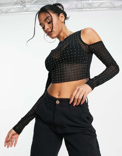 ASOS DESIGN hotfix crystal stud mesh bodysuit in blue