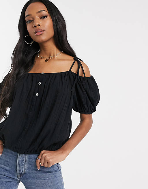 ASOS DESIGN cold shoulder with puff sleeve in black |
