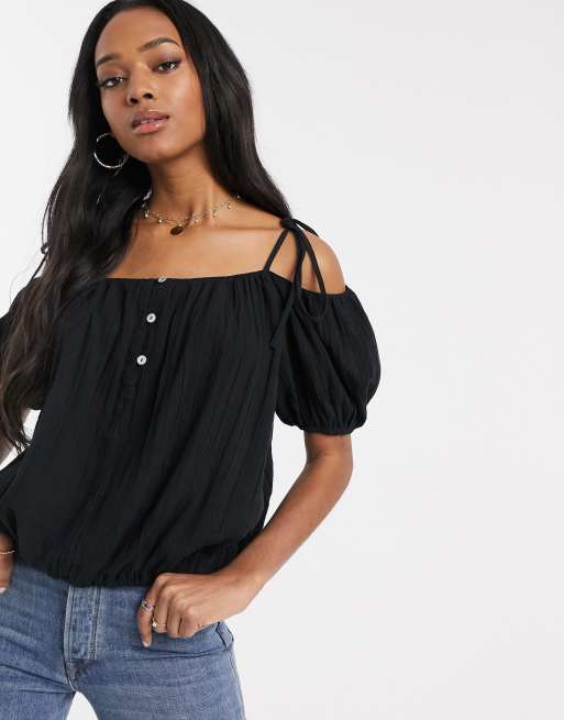 ASOS DESIGN cold shoulder top with puff sleeve in black | ASOS