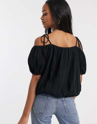 ASOS DESIGN cold shoulder top with puff sleeve in black