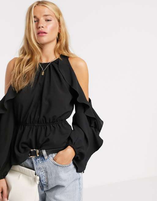 Black ruffle cold cheap shoulder top