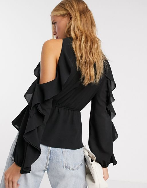 ASOS DESIGN cold shoulder top with puff sleeve in black