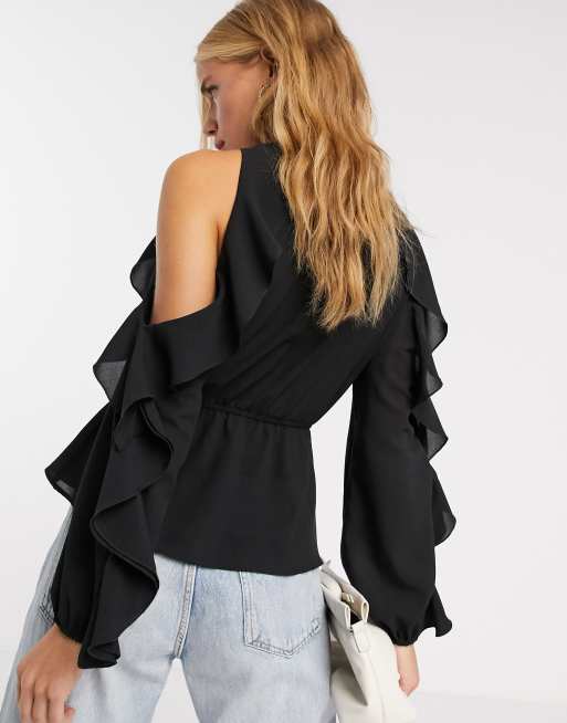 ASOS DESIGN cold shoulder top with puff sleeve in black