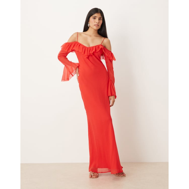red cold shoulder ruffle detail maxi dress ASOS Design - - Women - Polyester - 6 US The NOVA Ruffle Off Shoulder Maxi Dress exudes effortless elegance and sultry sophistication Glitzy Sequin Feathered Cold Shoulder