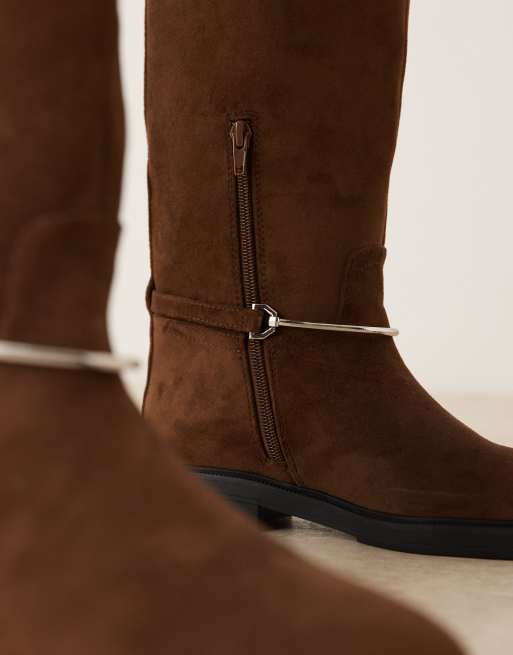 ASOS DESIGN Cole flat riding knee boots in chocolate suedette with trim