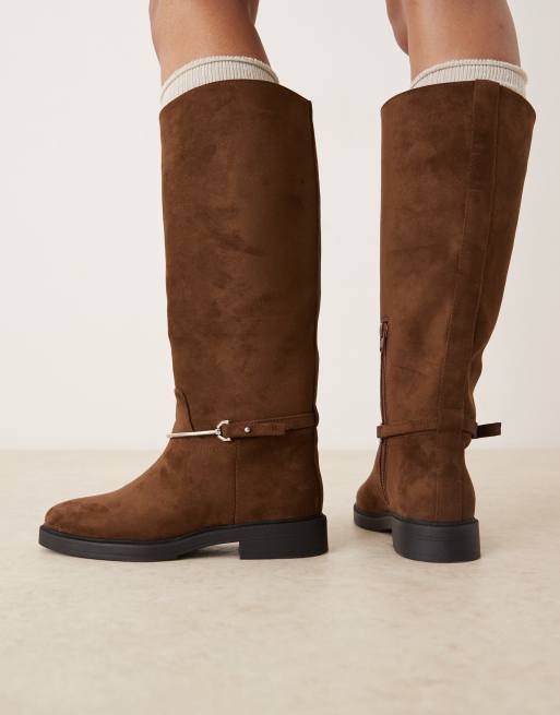ASOS DESIGN Cole flat riding knee boots in chocolate suedette with trim