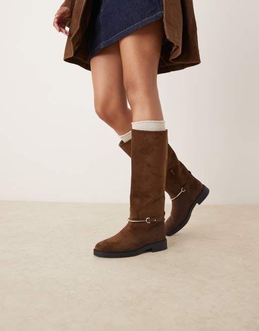 ASOS DESIGN - Cole - Platte rijlaarzen in chocoladebruin suedette met sierrand, 4 van 4