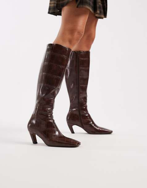 ASOS DESIGN - Colette - Bottes hauteur genou effet croco à bout affiné - Marron - view 1