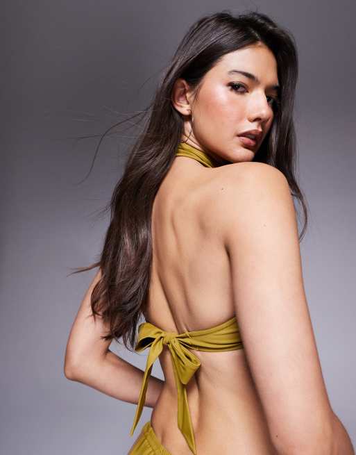 ASOS DESIGN - Colette - Chartreusegrøn bandeau-bikinitop med dybe plisseringer og stor ring samt bindedetalje i halsen, 4 af 4