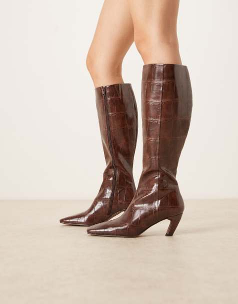 ASOS DESIGN Colette chisel toe knee boots in brown croc - view 1