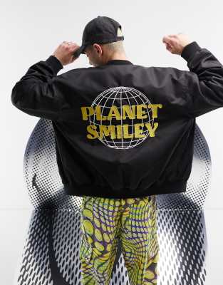 ASOS DESIGN Smiley Collab oversized bomber jacket with embroidery in black - ASOS Price Checker