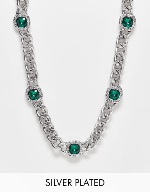 ASOS DESIGN - Collana a catena barbazzale color argento con cristalli e gemma verde